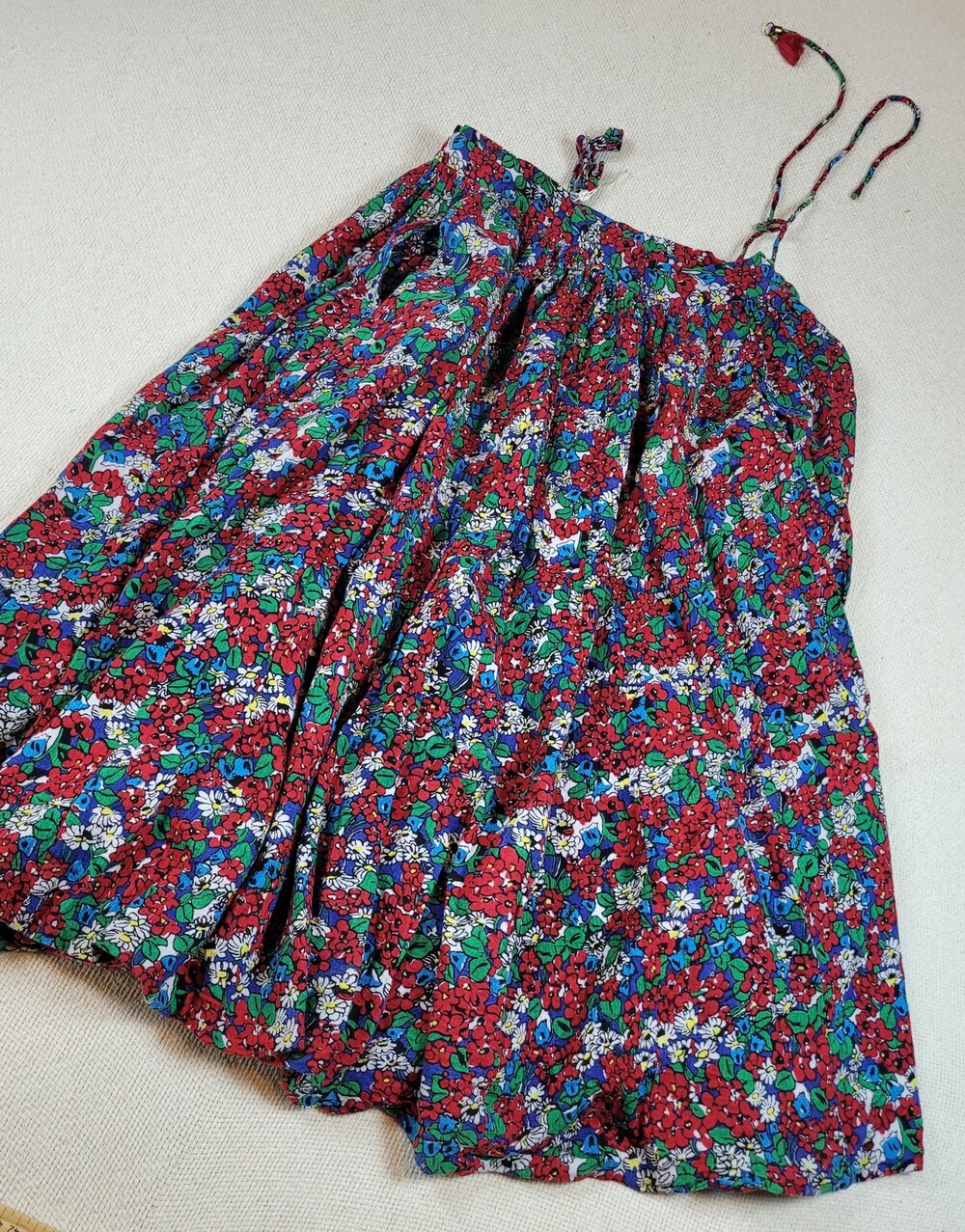 Suzie Kondi Skirt Womens Small Red Blue Floral Print Midi Tiered Boho Drawstring